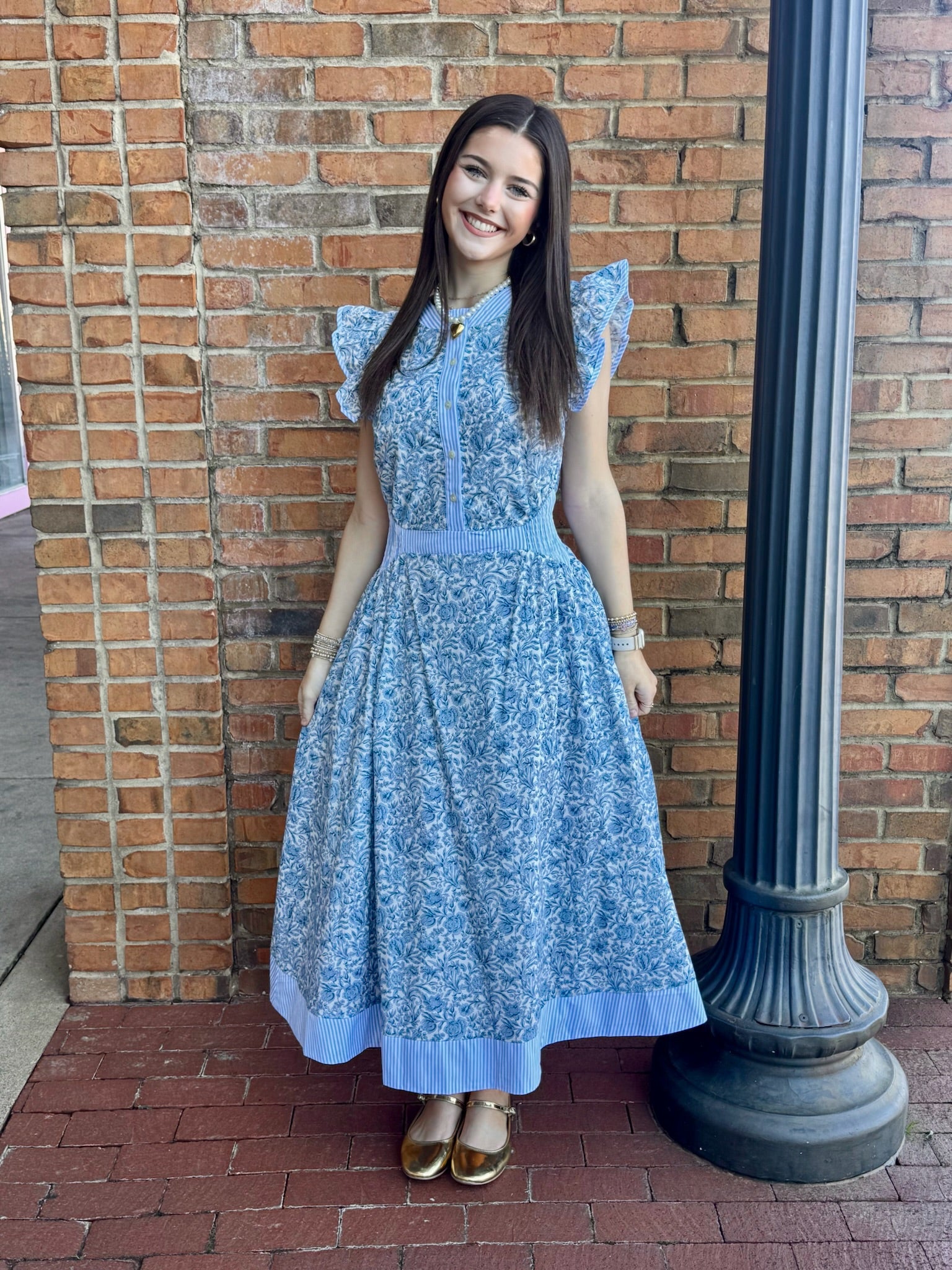 Blue and white floral print dress