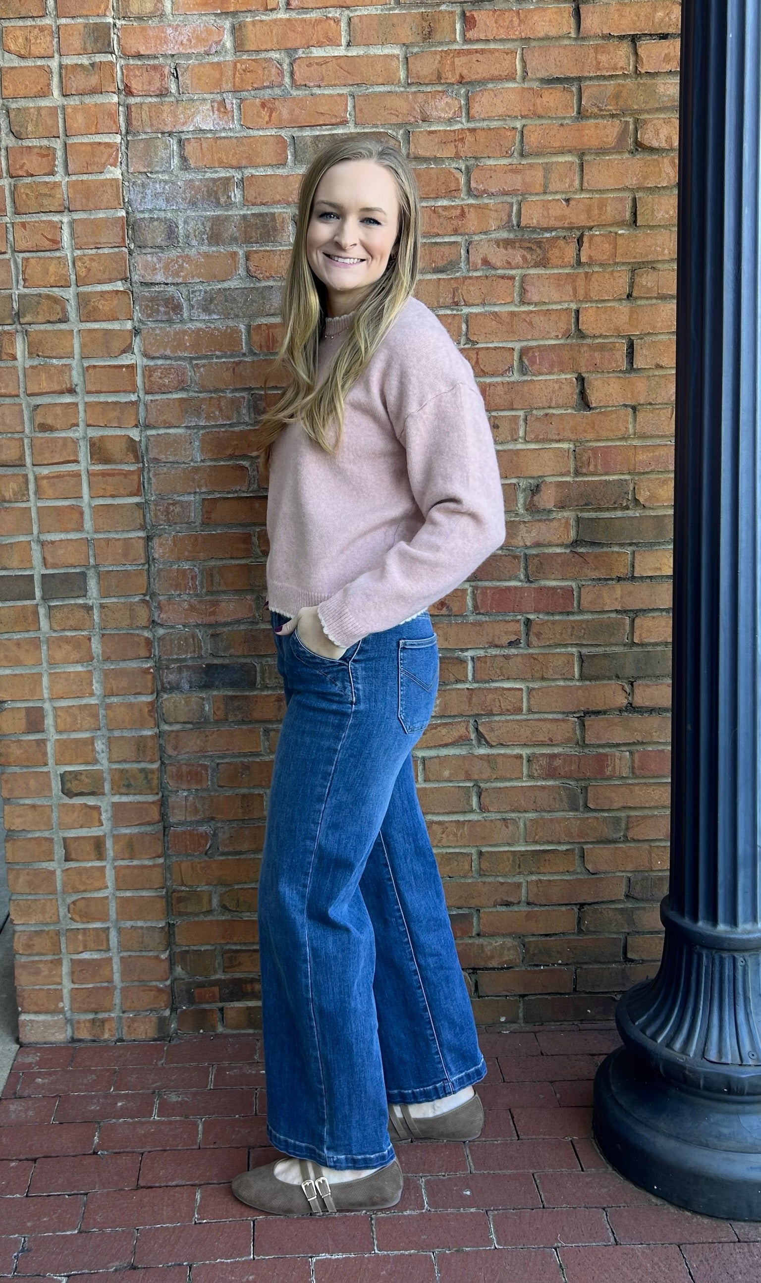 Pink and White Scallop Trim Sweater