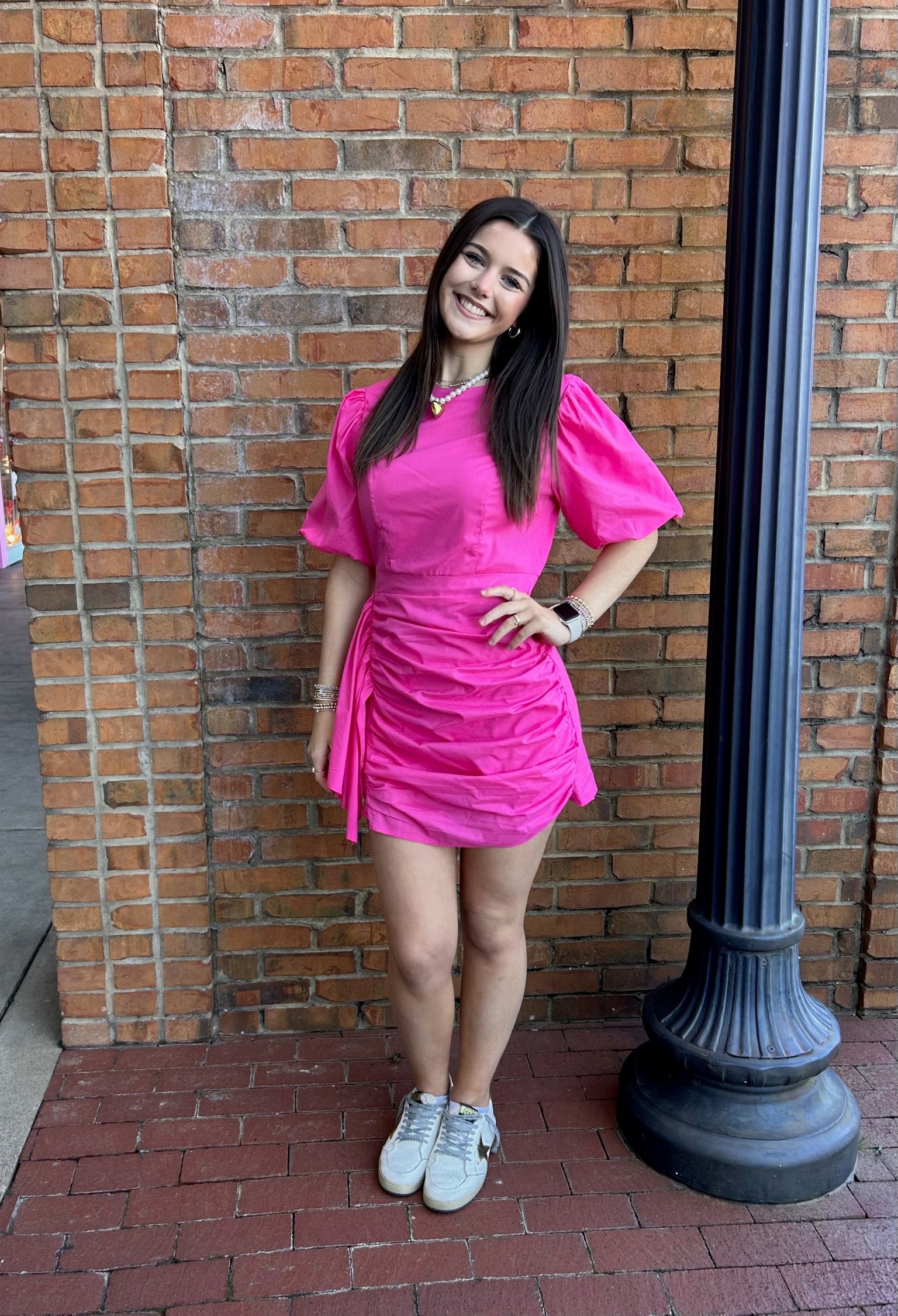 Fuchsia puff sleeve dress