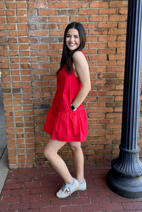 Red V neck Dropped Waist Poplin Dress