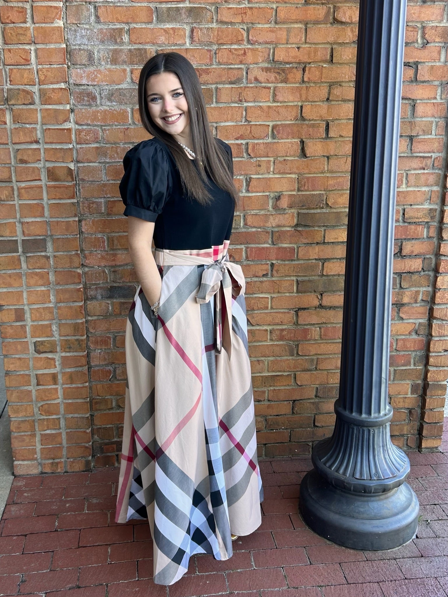 Taupe and Black Plaid Maxi Dress
