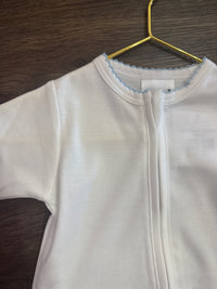 Cotton Zipper Footie - White w Blue Trim