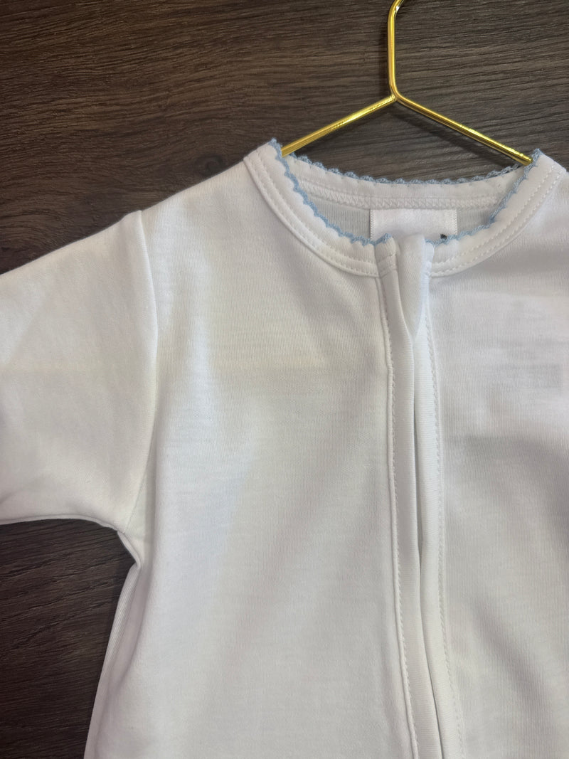 Cotton Zipper Footie - White w Blue Trim