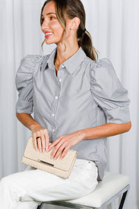 Black Pinstriped Puffed Sleeve Blouse