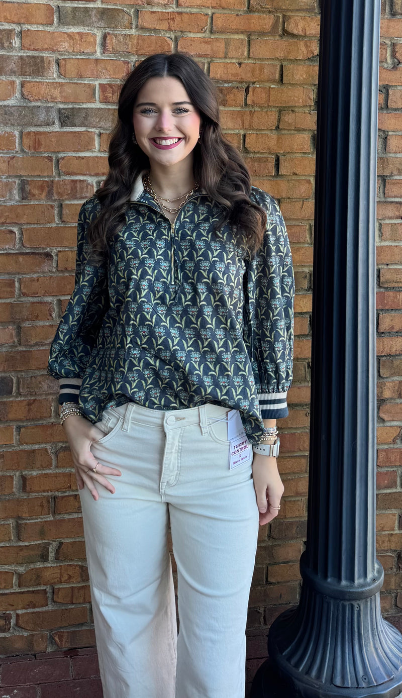 Entro Navy Half zip Floral shirt