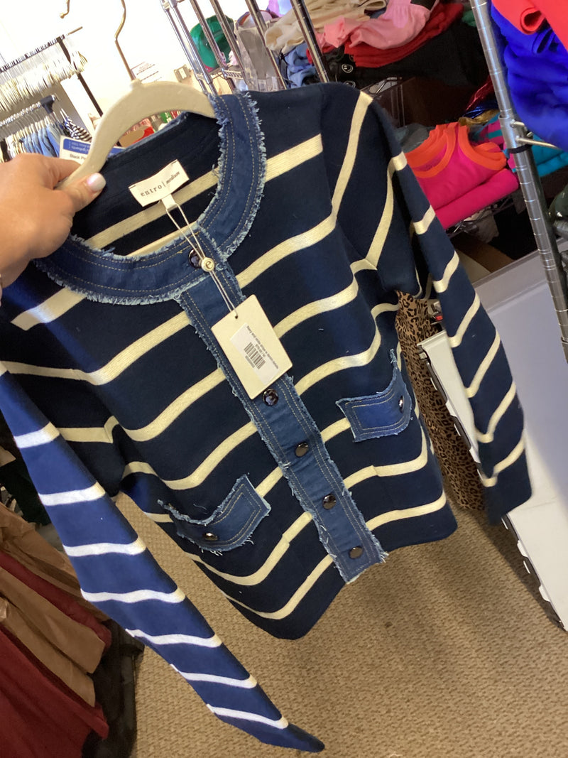Navy and white stripe w denim details