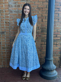 Blue and white floral print dress