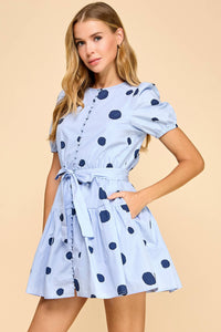 Polka Dot Print Button Down Puff Sleeve Dress