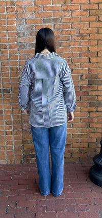 Striped navy poplin button up