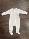 Cotton Zipper Footie - White w Blue Trim