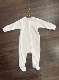 Cotton Zipper Footie - White w Blue Trim