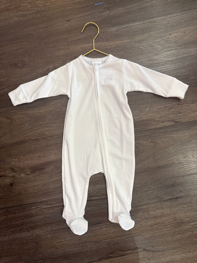 Cotton Zipper Footie - White w Blue Trim