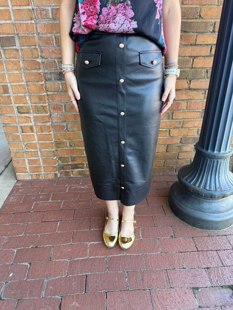 Black Faux Leather Skirt with Gold Button Detail