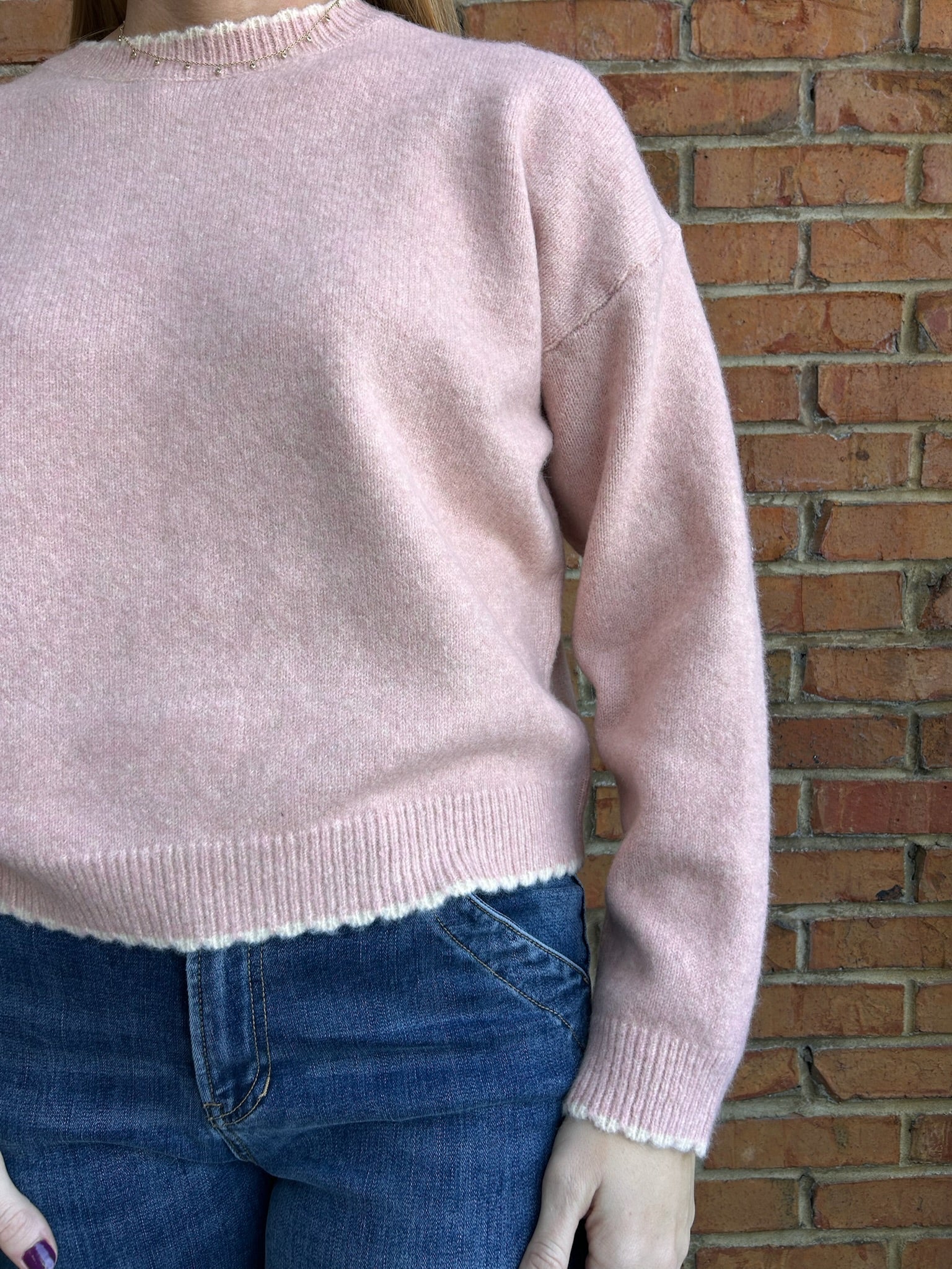 Pink and White Scallop Trim Sweater