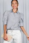 Black Pinstriped Puffed Sleeve Blouse