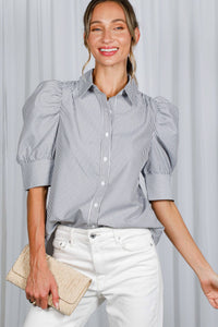 Black Pinstriped Puffed Sleeve Blouse