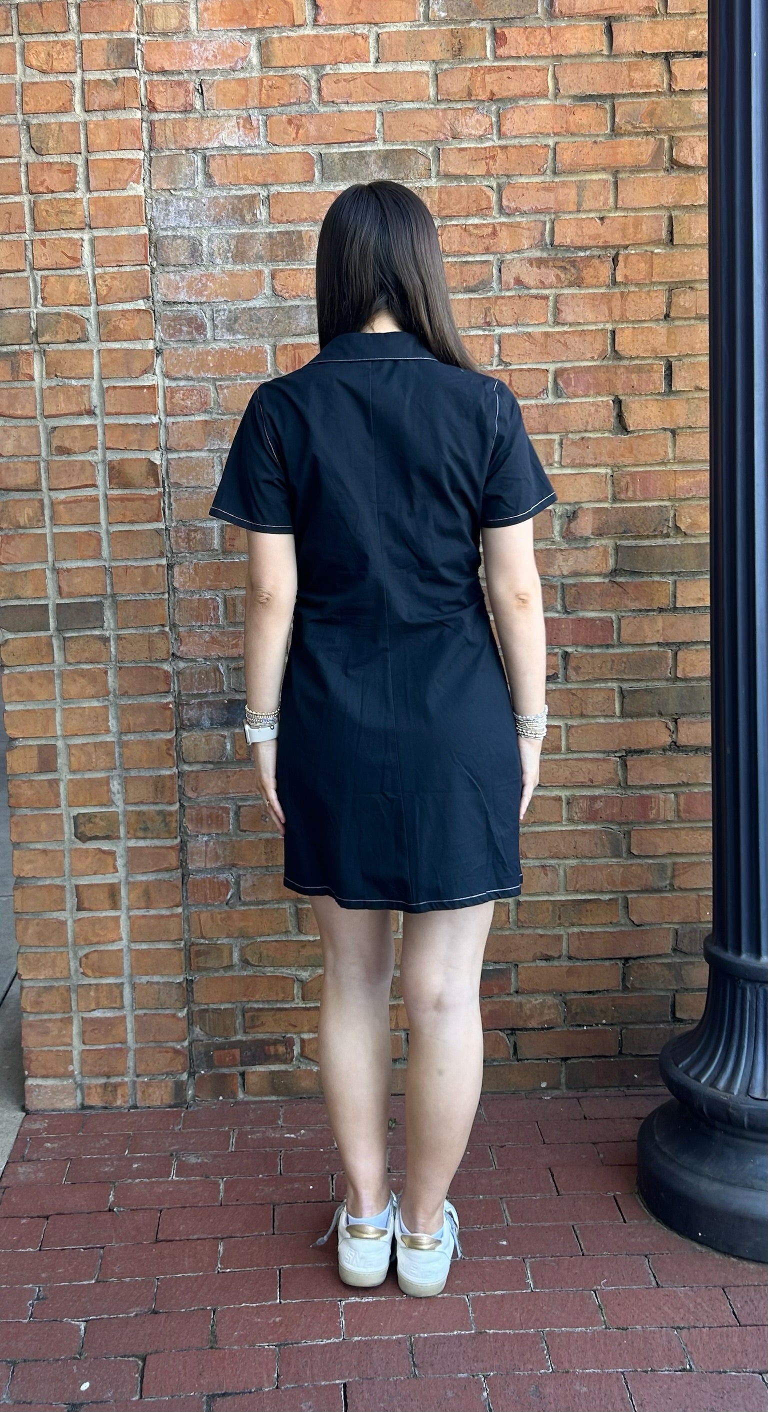Black gathered waist short dress