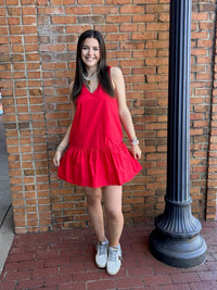 Red V neck Dropped Waist Poplin Dress
