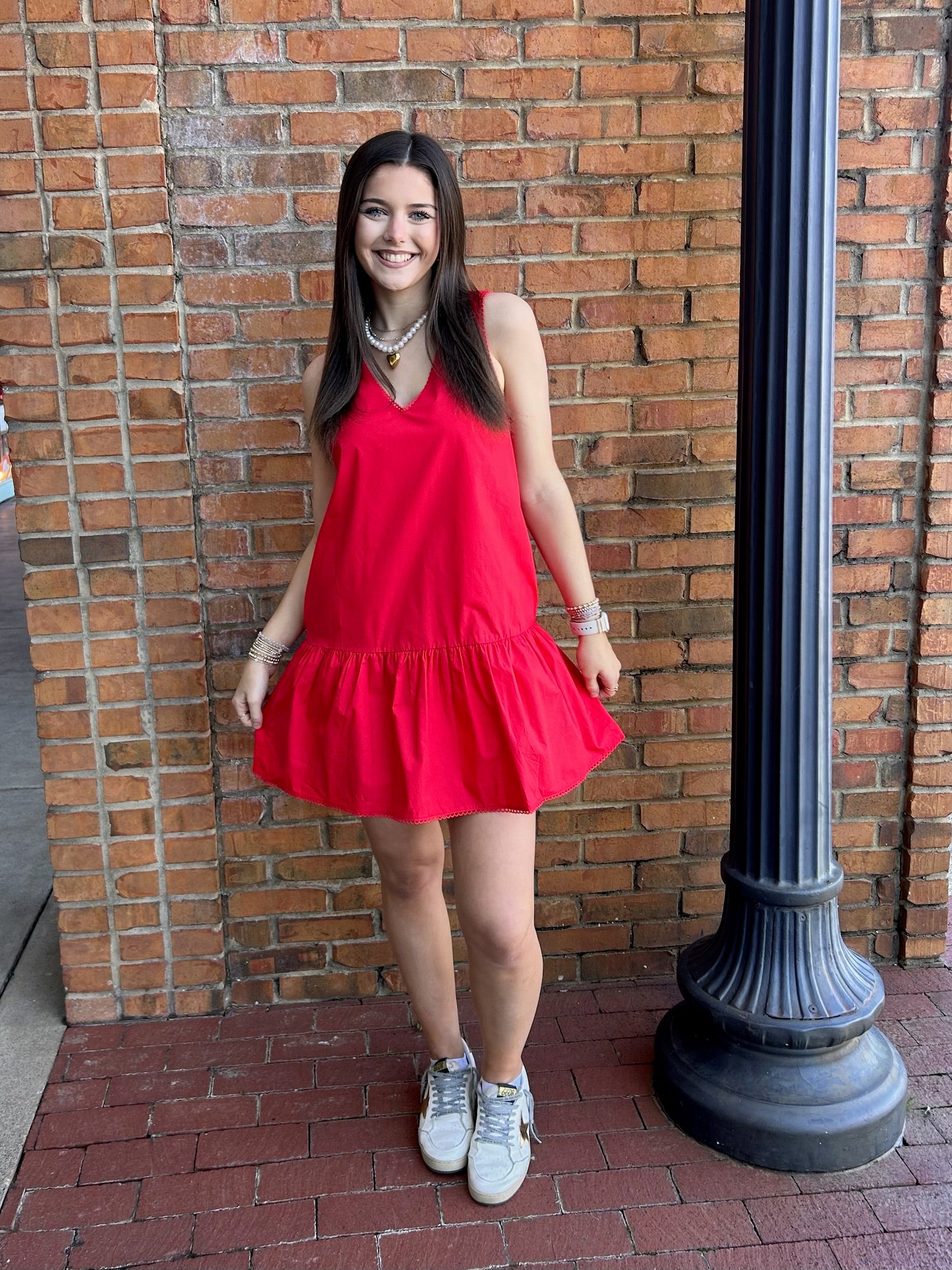Red V neck Dropped Waist Poplin Dress