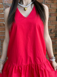 Red V neck Dropped Waist Poplin Dress