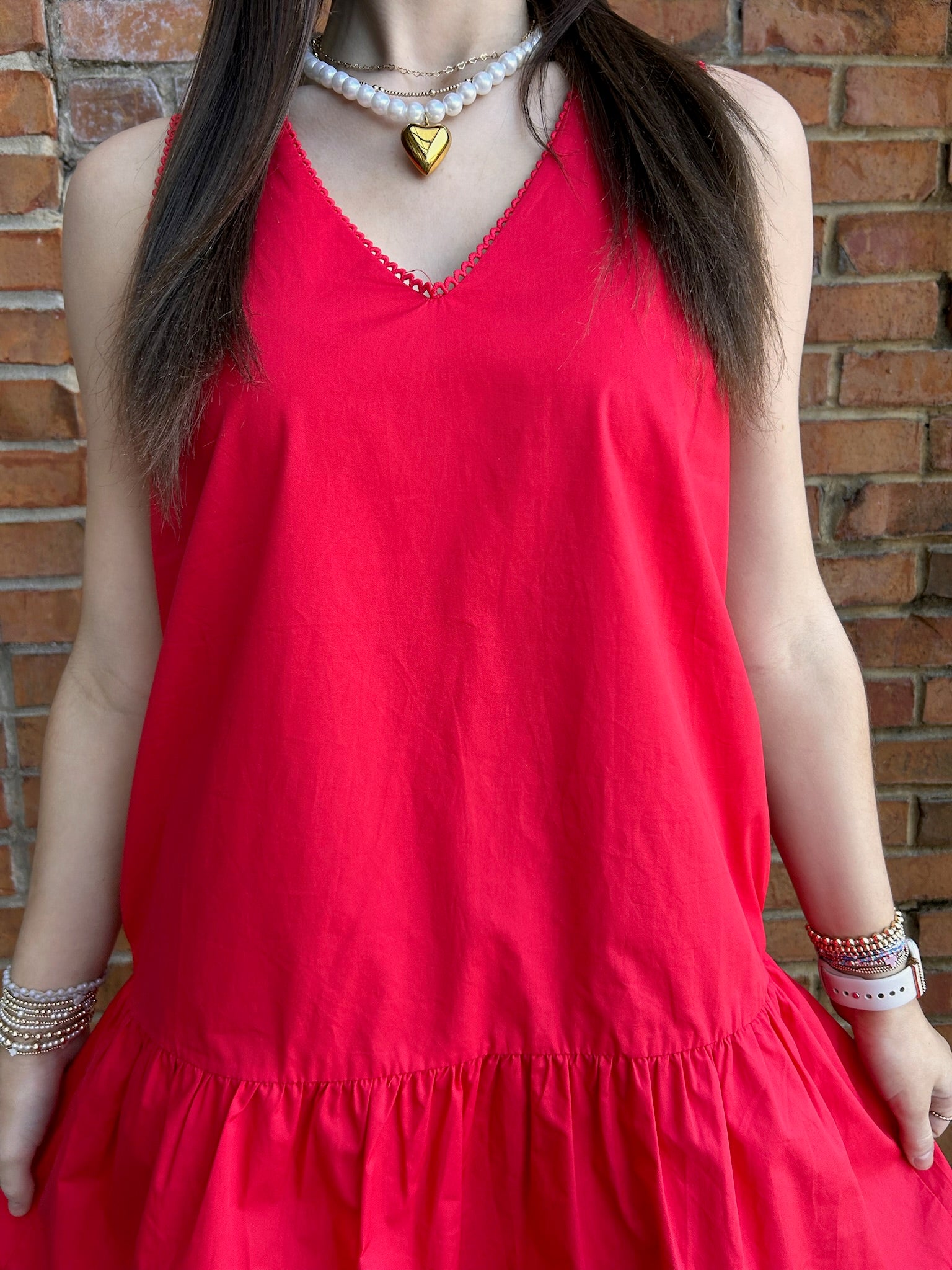 Red V neck Dropped Waist Poplin Dress