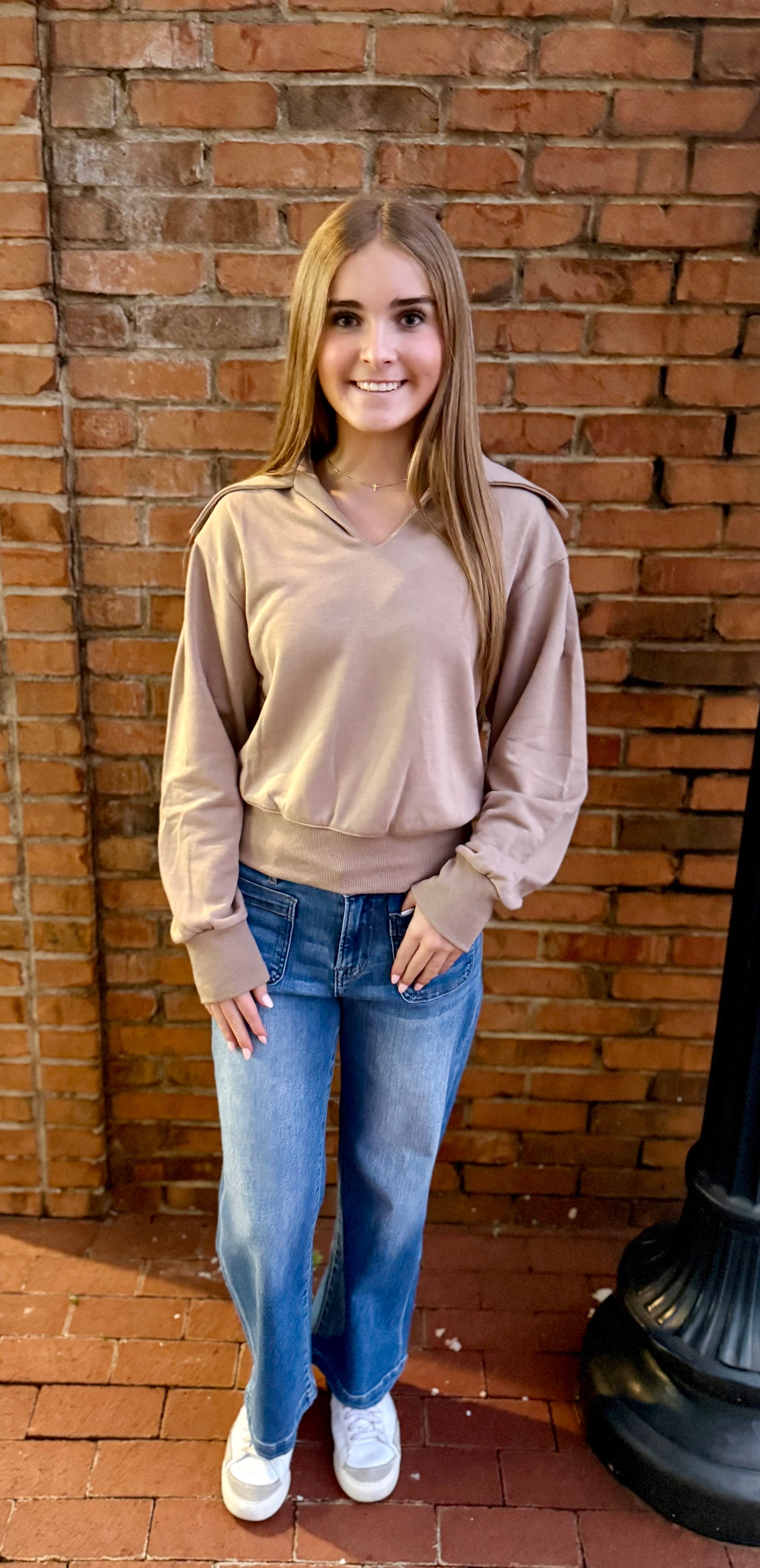 Wide Collar V-Neck Pullover - Taupe