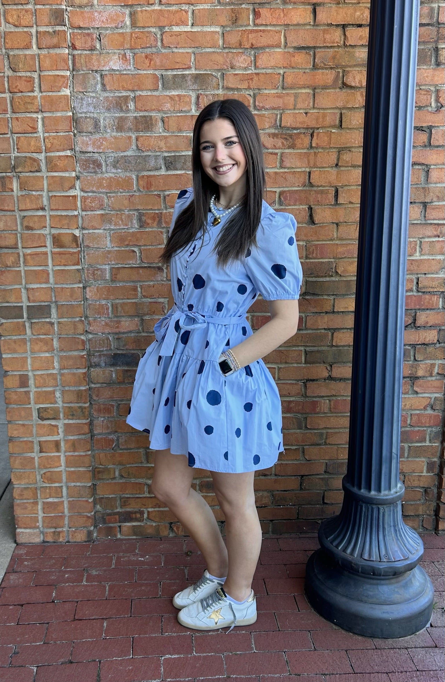 Polka Dot Print Button Down Puff Sleeve Dress