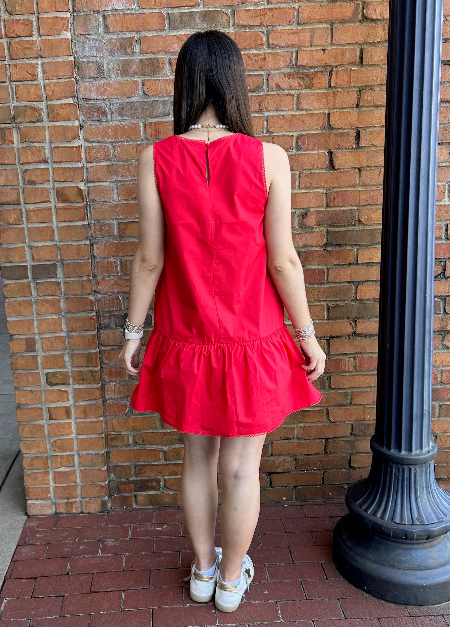 Red V neck Dropped Waist Poplin Dress