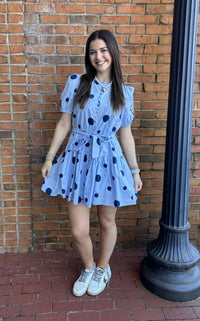 Polka Dot Print Button Down Puff Sleeve Dress