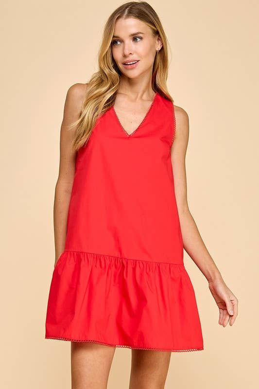 Red V neck Dropped Waist Poplin Dress