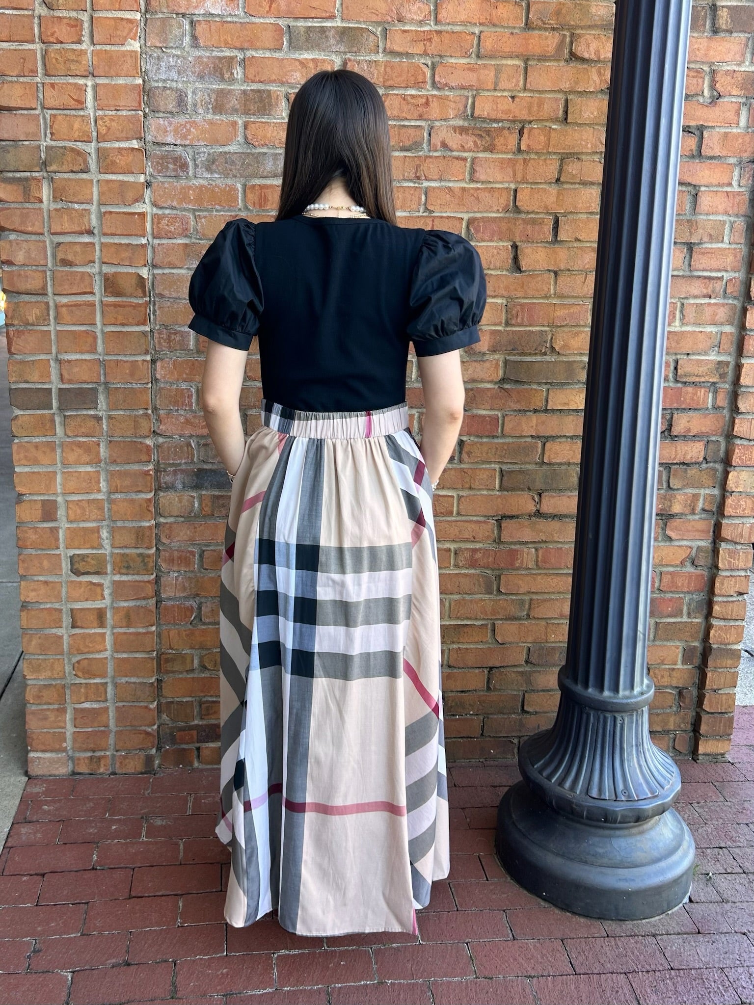Taupe and Black Plaid Maxi Dress