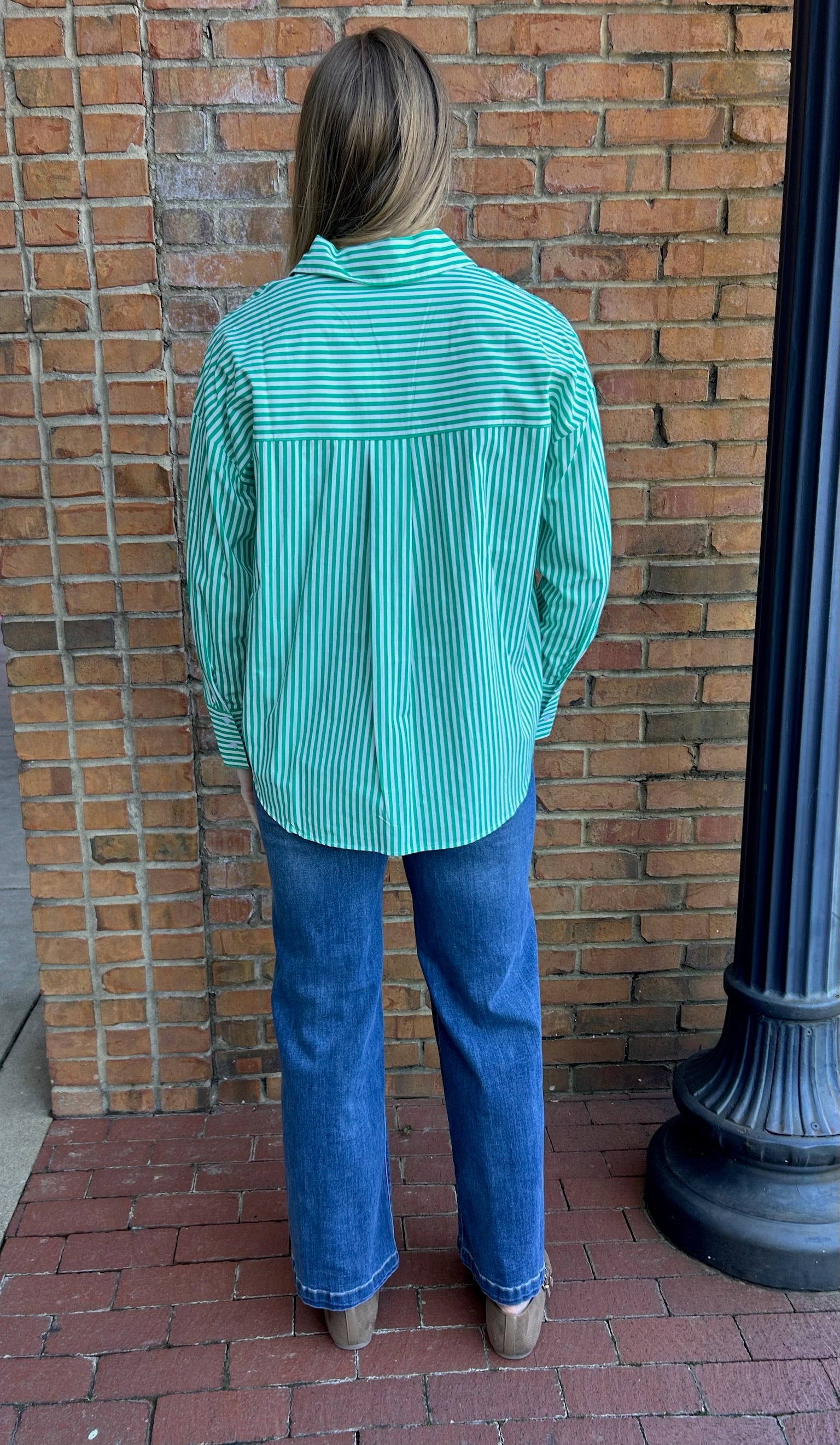 Striped green and white poplin