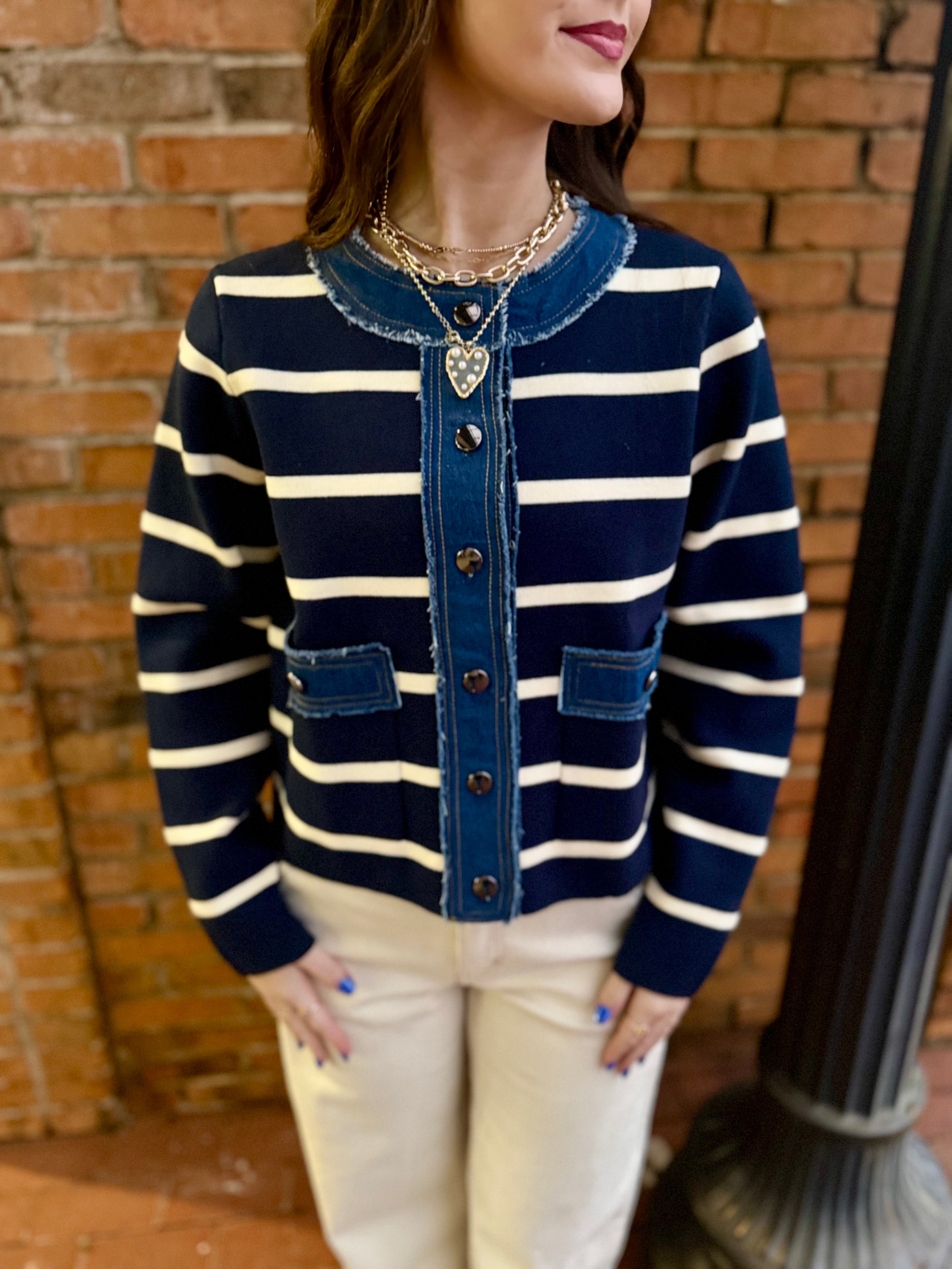Navy and white stripe w denim details