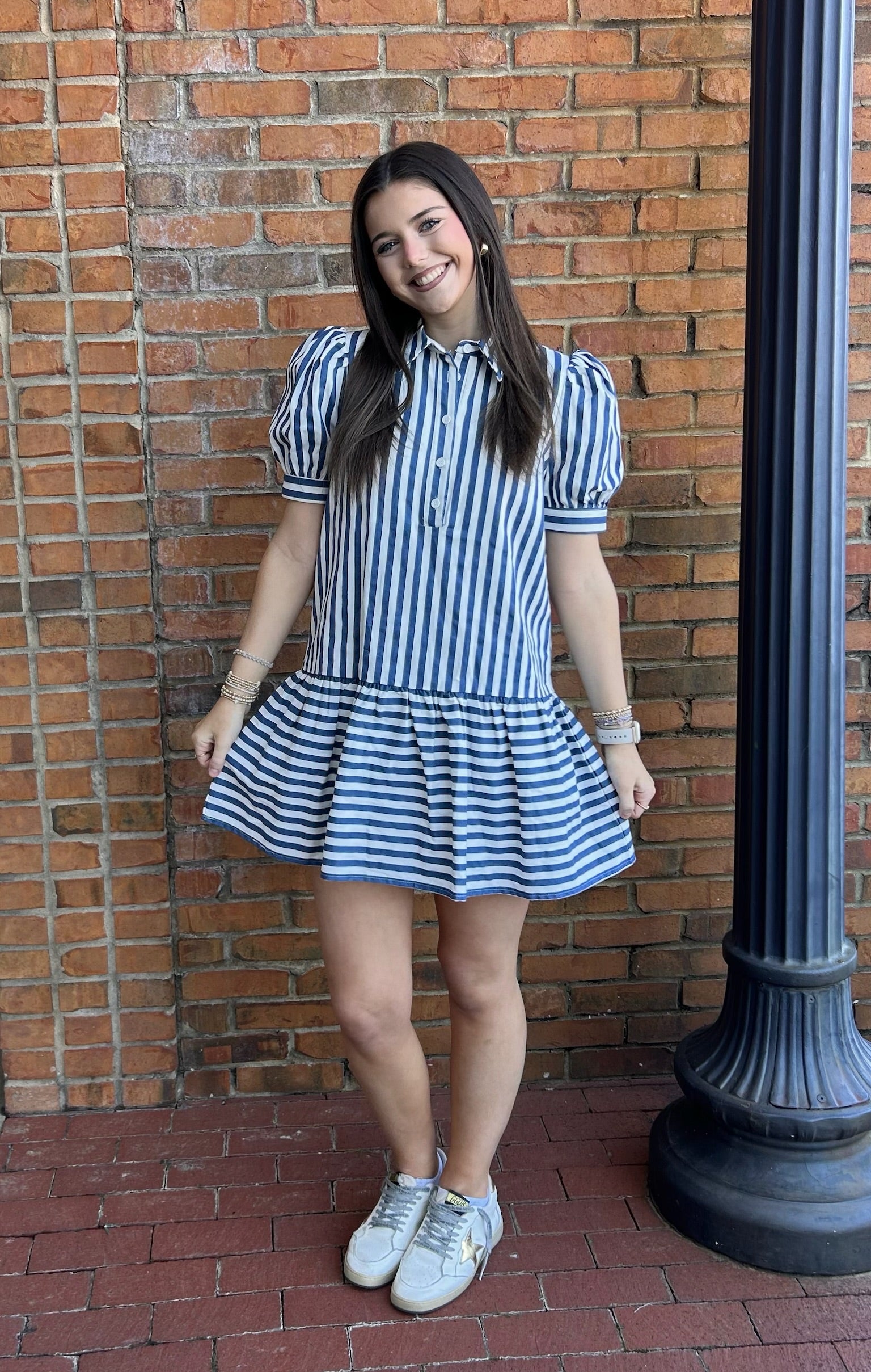 Stripped Short Sleeve Drop Waist Dress