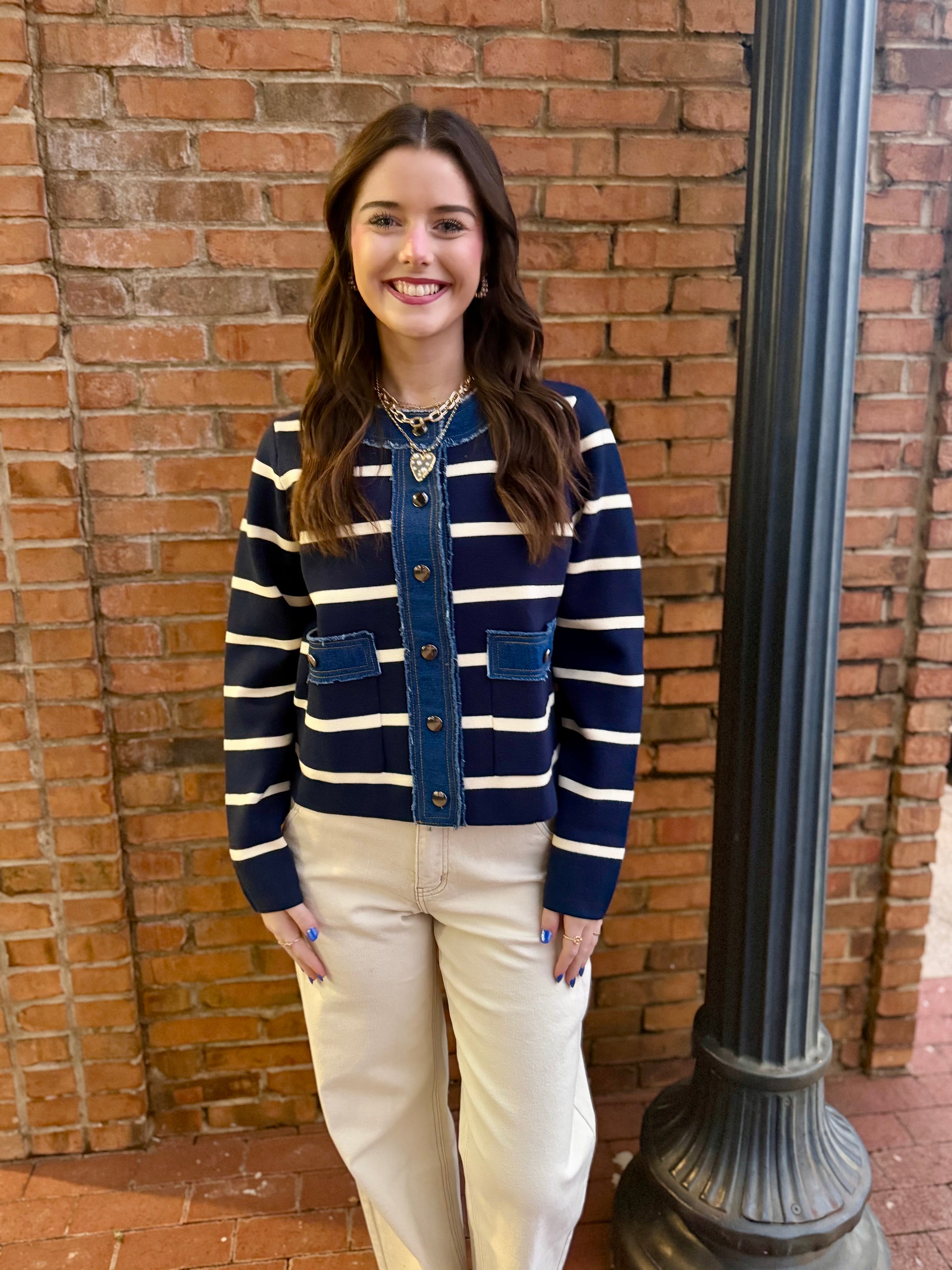 Navy and white stripe w denim details