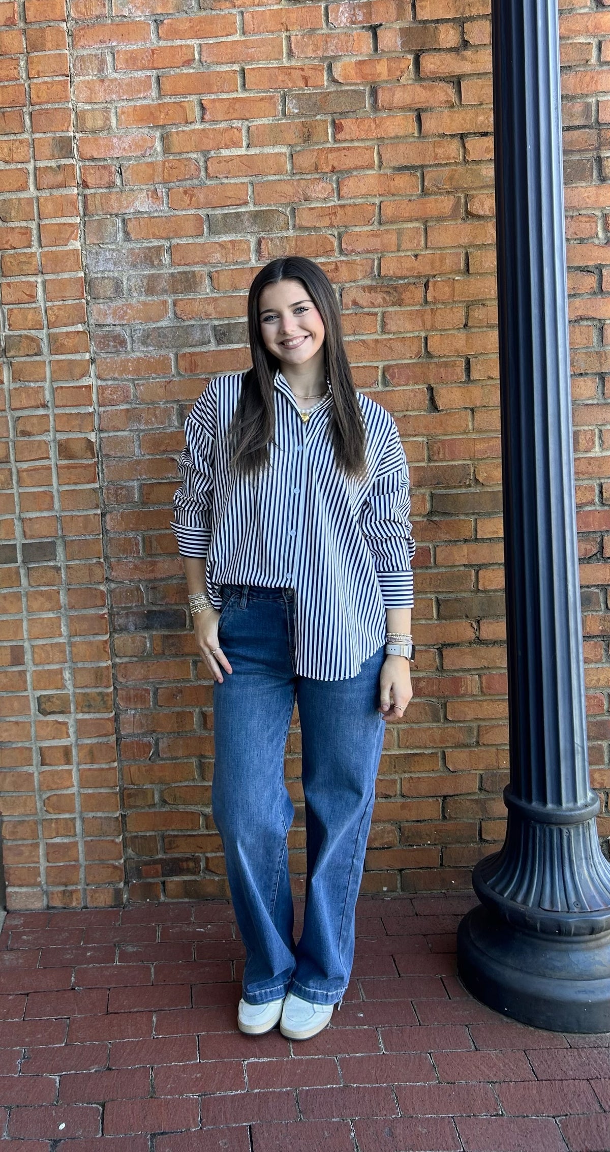 Striped navy poplin button up