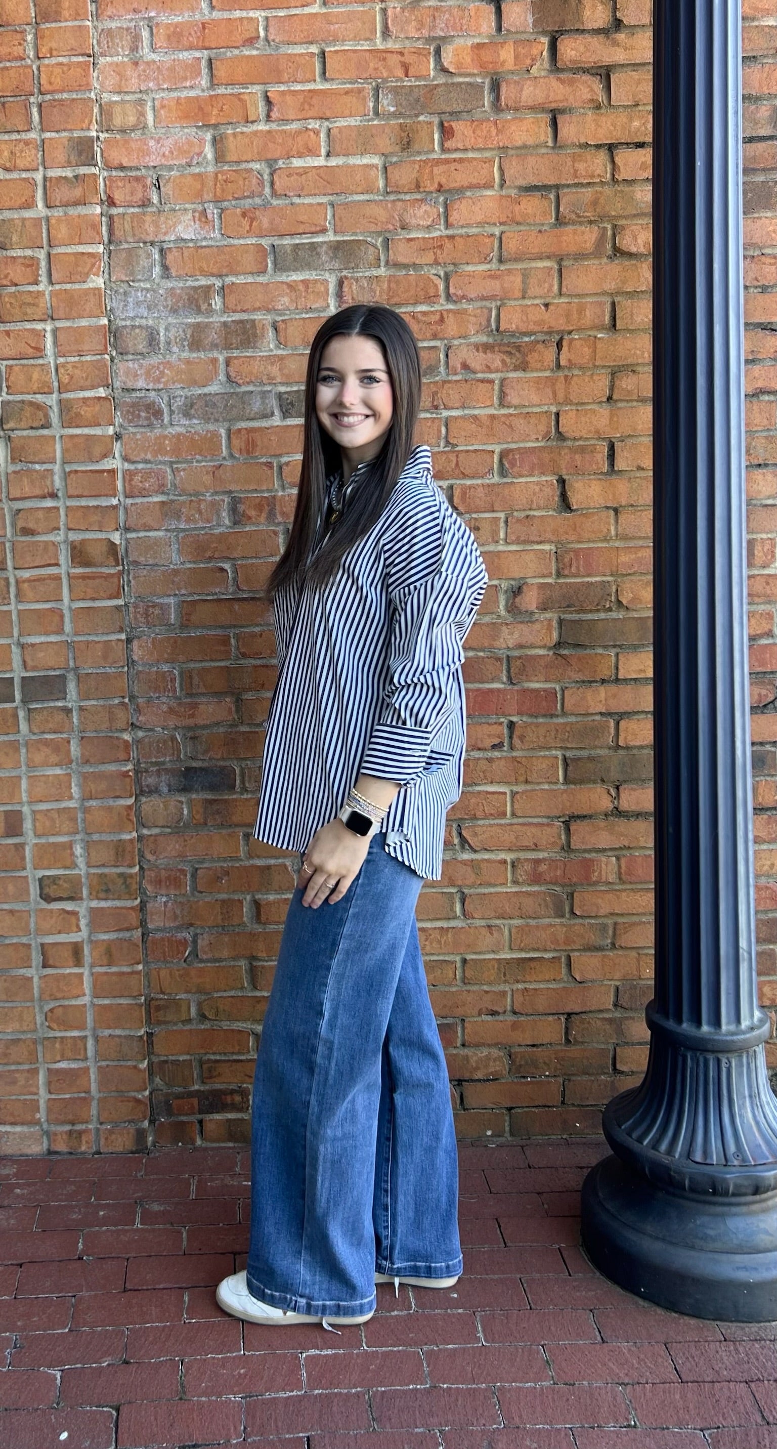 Striped navy poplin button up