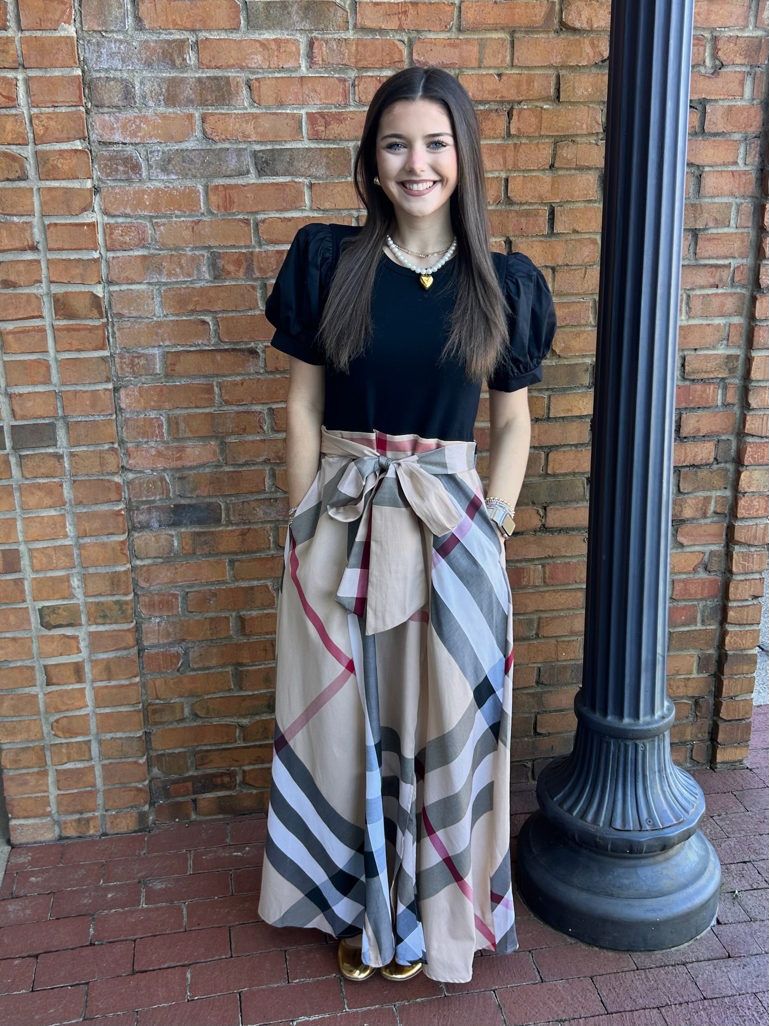 Taupe and Black Plaid Maxi Dress