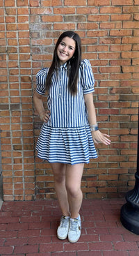 Stripped Short Sleeve Drop Waist Dress