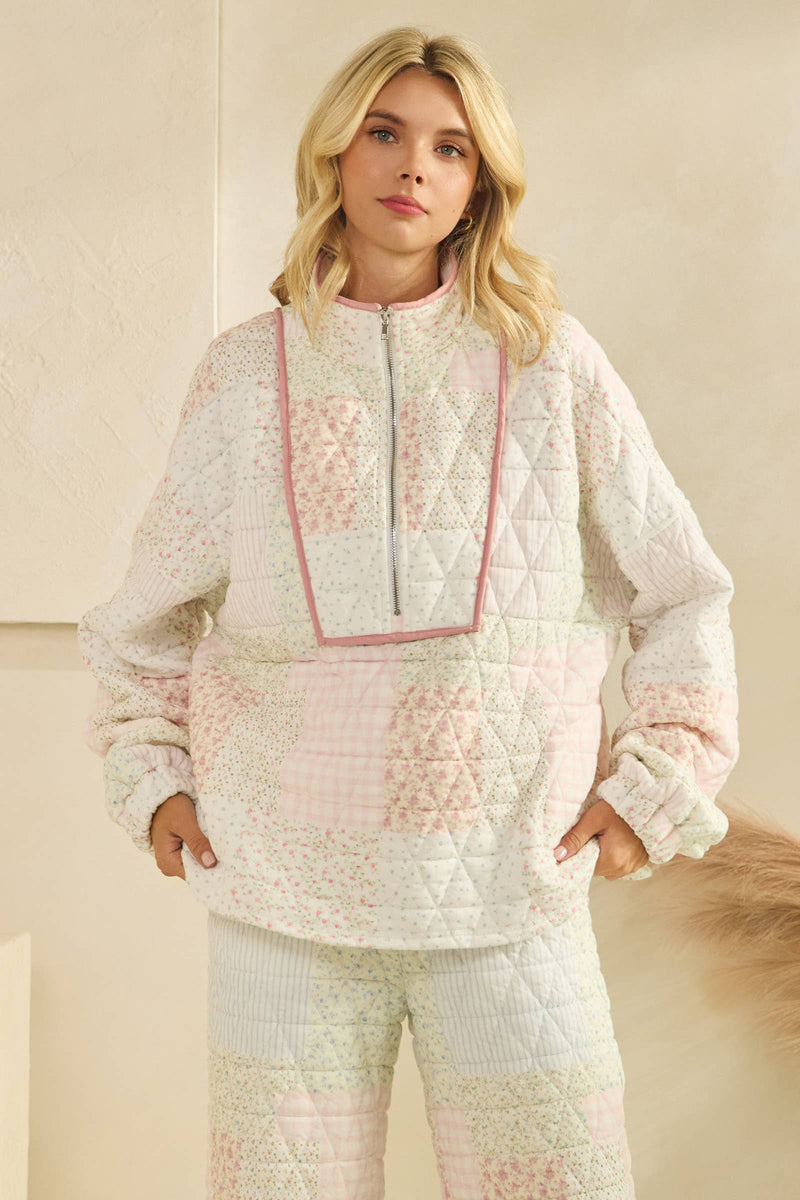 Pink and cream quilted hoodie