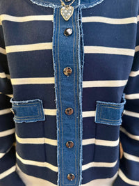 Navy and white stripe w denim details