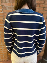 Navy and white stripe w denim details