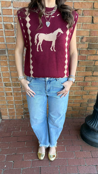 Burgundy Sleeveless Horse Knit Vest