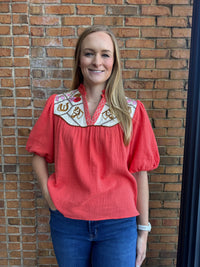 Rodeo Embroidered Puff Sleeve Blouse - Orange