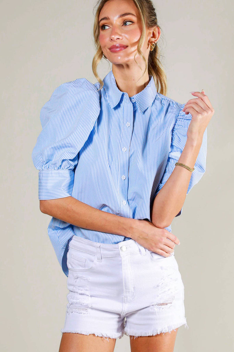 Blue Pinstriped Puffed Sleeve Blouse