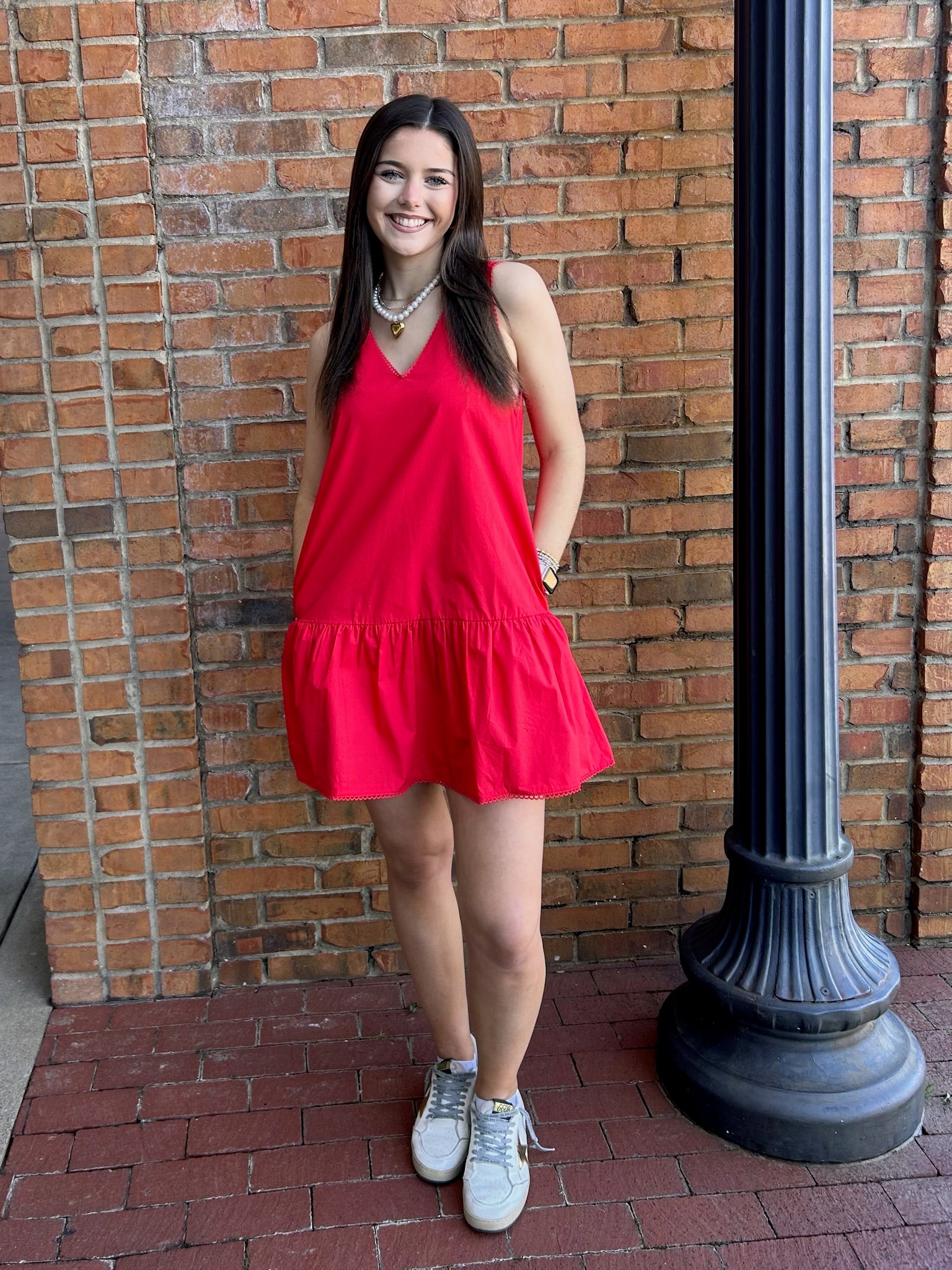 Red V neck Dropped Waist Poplin Dress