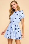 Polka Dot Print Button Down Puff Sleeve Dress