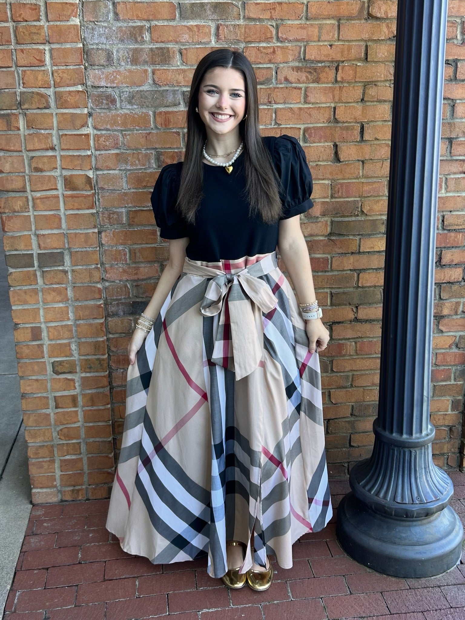 Taupe and Black Plaid Maxi Dress