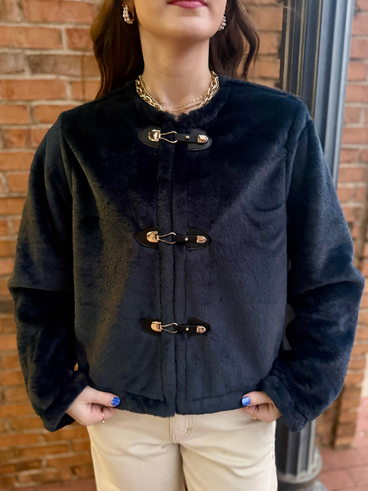 Navy faux Fur Crop Jacket