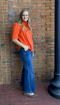 Orange Pinstripe Puff Sleeve Shirt